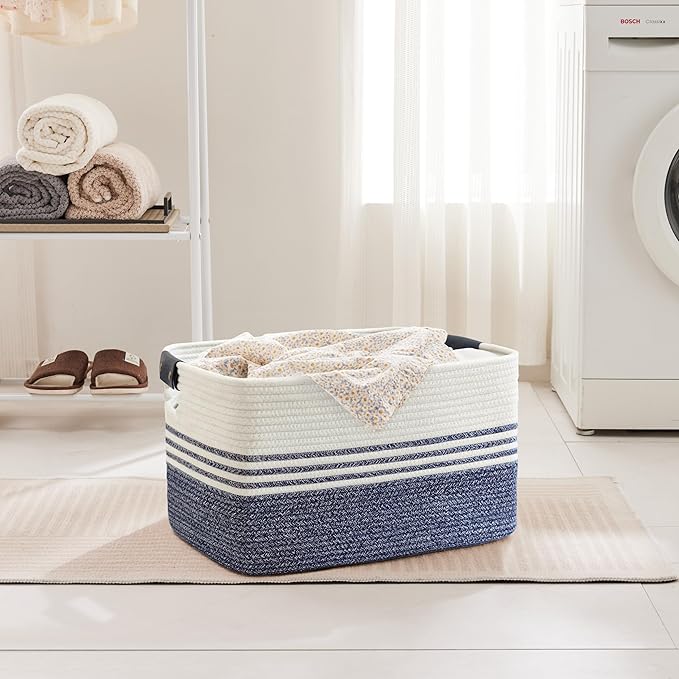 60L Woven Laundry Basket Hamper with Leather Handles,Denim Blue | collapsible wicker hamper, storage for dirty clothes, toys, blankets, gifts, living room, bedroom, bathroom, 21"x15"x11"