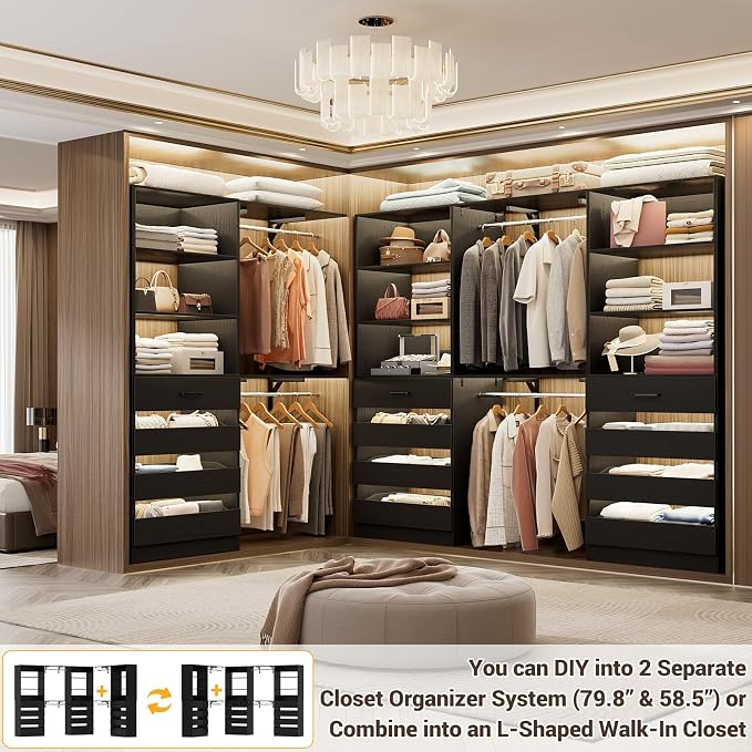 Aheaplus Closet System Set of 3, 138.5" Wood Closet Organizer System Tower with 12 Drawers & 4 Hanging Rods, 6.7+4.85Ft L Shaped Walk-in Closets Wardrobe Organizer Garment Rack with Shelf, Black3
