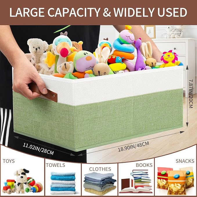3 Pack Large Capacity Storage Bins Closet Organizer for Shelves | Fabric Closet Storage Baskets Boxes with Leather Handles for Organizing Clothes, Sheets, Jeans, Toys, Books (Green)