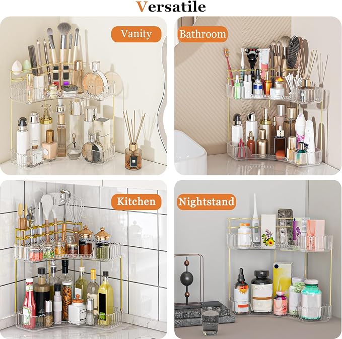 Webetop Corner Makeup Organizer 2 Tier Bathroom Storage with Brush Holder | Space-saving Corner Fit, Clear Acrylic Construction, Detachable Brush Slots, Non-Slip Base, Easy-access Tiered Design