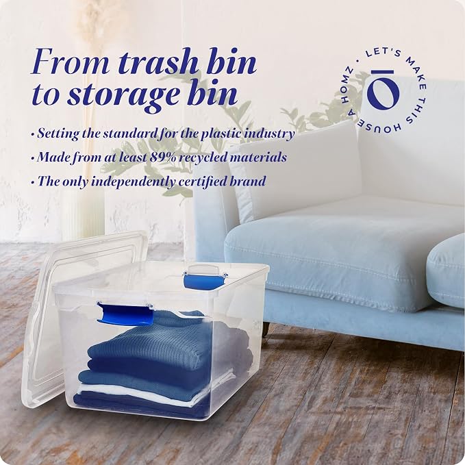 HOMZ 66 Quart Secure Seal Latch Clear Plastic Bin | Stackable & Nestable | Easy Grip Latching Handles | Home, Office, Dorm Room Organization | Blue Handles, 2 Pack | Large Stackable Container Boxes for Homes, Bathrooms, Garages, and Office Organization