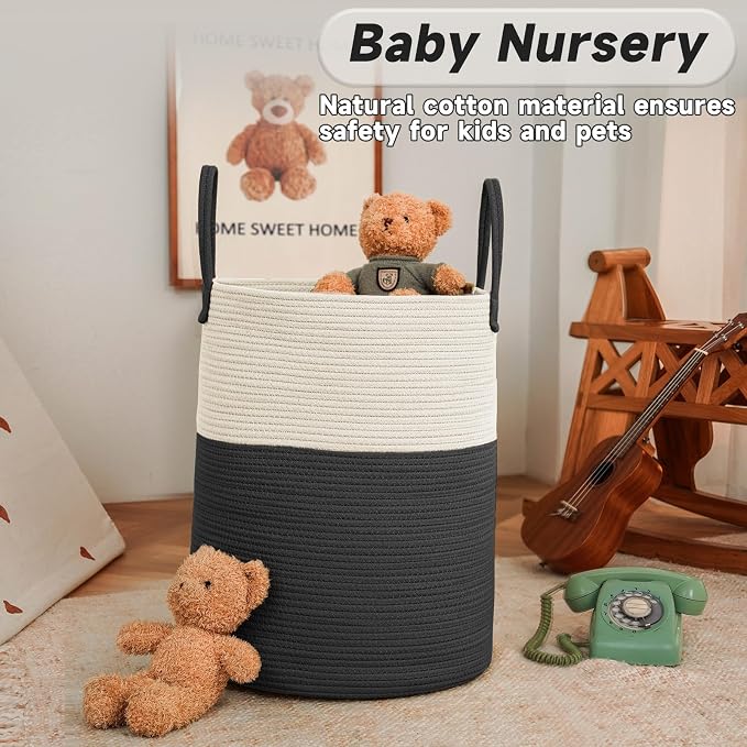 JMvicyroam 100L Cotton Rope Laundry Basket Hamper, White and Black | Collapsible laundry basket, reinforced handles, freestanding, machine washable, holds 3-5 thick blankets, clothes or toys