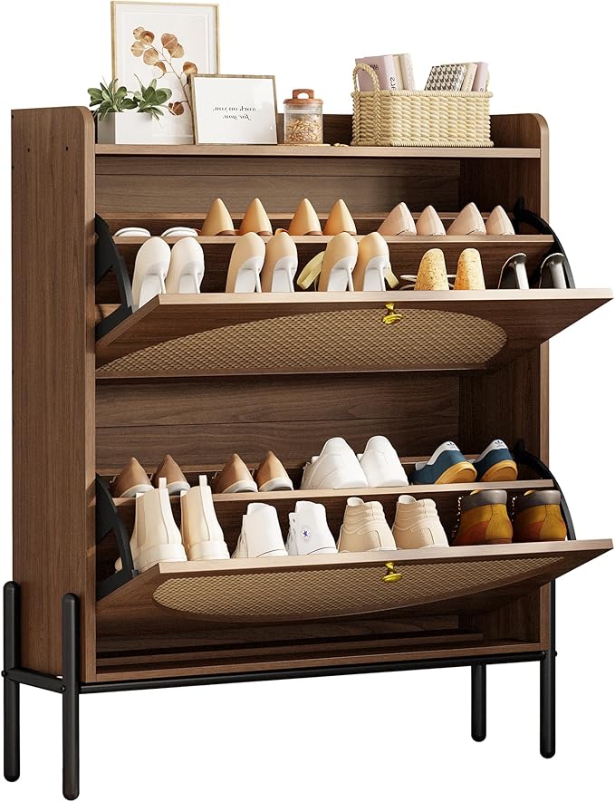 IRONCK Shoe Cabinet Storage with 2 Flip Drawers, Free Standing Wooden Shoe Storage Organizer Cabinet with Rattan Doors for Entryway, Narrow Shoe Rack Cabinet, Walnut