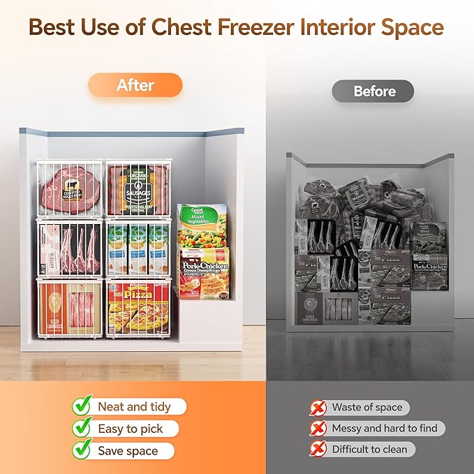 Freezer Organizer Bins, 6 Pack Enlarged Baskets for 5-9 Cu.FT Deep Freezer | Stackable Chest Freezer Organizer Bins, Foldable with Handles, White Storage Container Baskets for Sort Frozen Meats