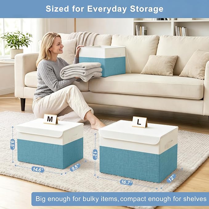Large 17" 42 Quarts Collapsible Stackable Storage Bins with Lids [3-Pack] Foldable Fabric Linen Storage Boxes Cube, Closet Organizer Baskets with Label for Home (16.7 x 12 x 12", Teal & White)