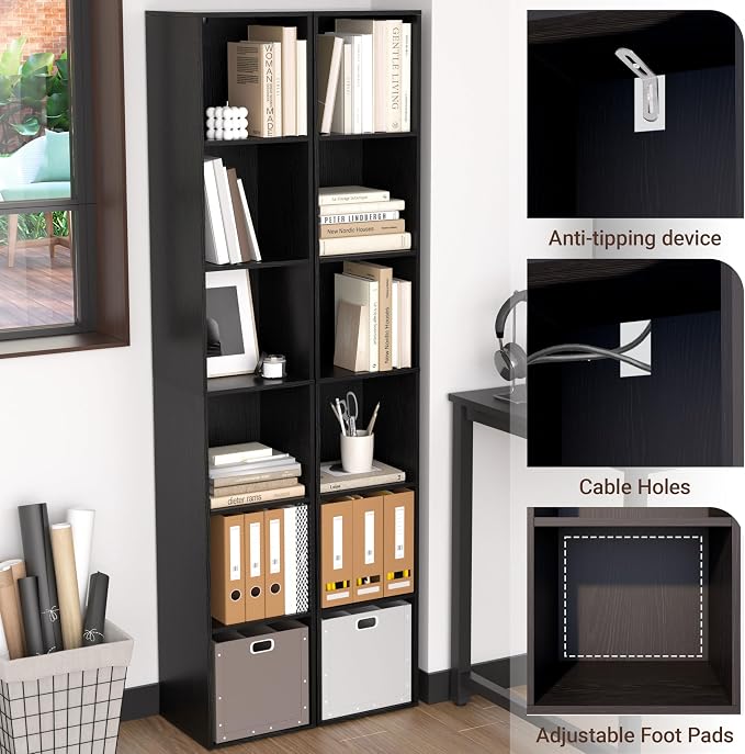 6 Cube Storage Organizer, Narrow Open Shelf Bookcase, Freestanding 6 Cube Storage Shelf, Moisture-Proof Scratch-Resistant Melamine Display Shelf for Bedroom, Living Room, Study, Home，Black