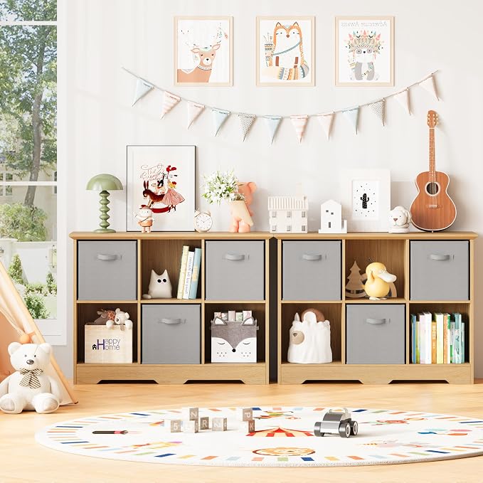 6 Cube Storage Organizer Shelf, Wood Cubby Storage with 3 Fabric Drawers | 2 Tier Wooden Bookshelf with 2 Adjustable Shelves, Fluted Side Panels Bookcase for Bedroom, Living Room, Home Office, Wood