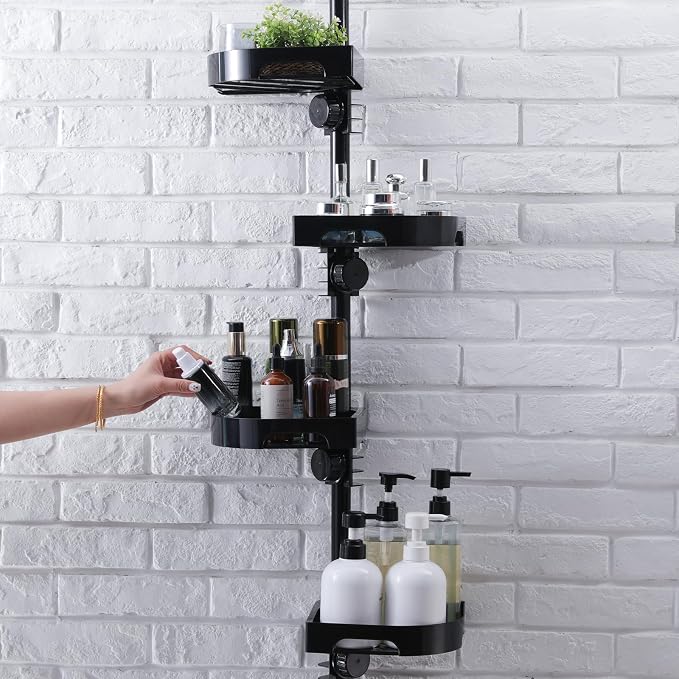 shuang qing 4-Tier Corner Shower Caddy Tension Pole Organizer - Adjustable Rustproof Metal Tension Pole, Plastic Shelves with Safety Guardrail, Bathroom Storage for Shower & Bathtub(Black)