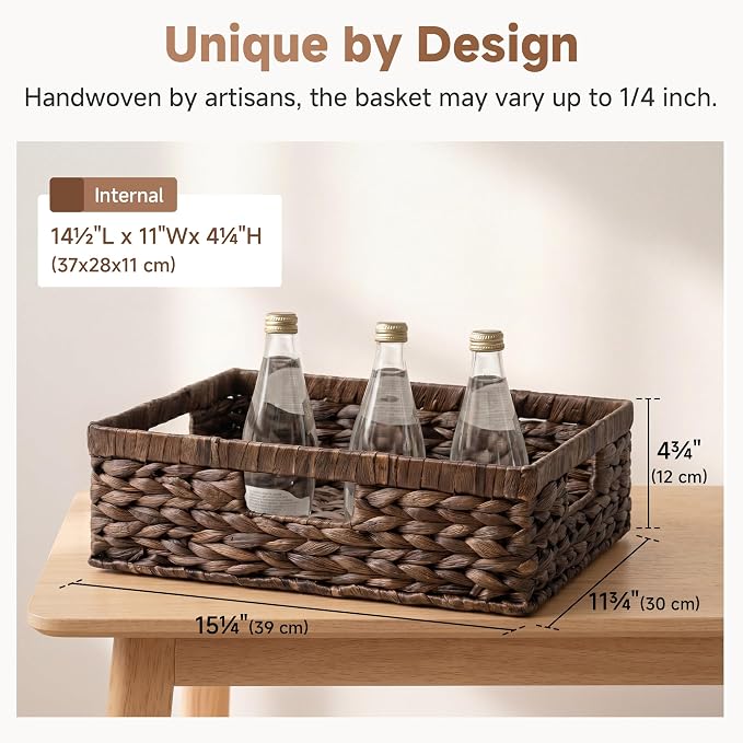 StorageWorks Large Wicker Baskets for Storage, Water Hyacinth Storage Baskets for Shelves, Brown, 1-Pack, 15¼" x 11¾" x 4¾"