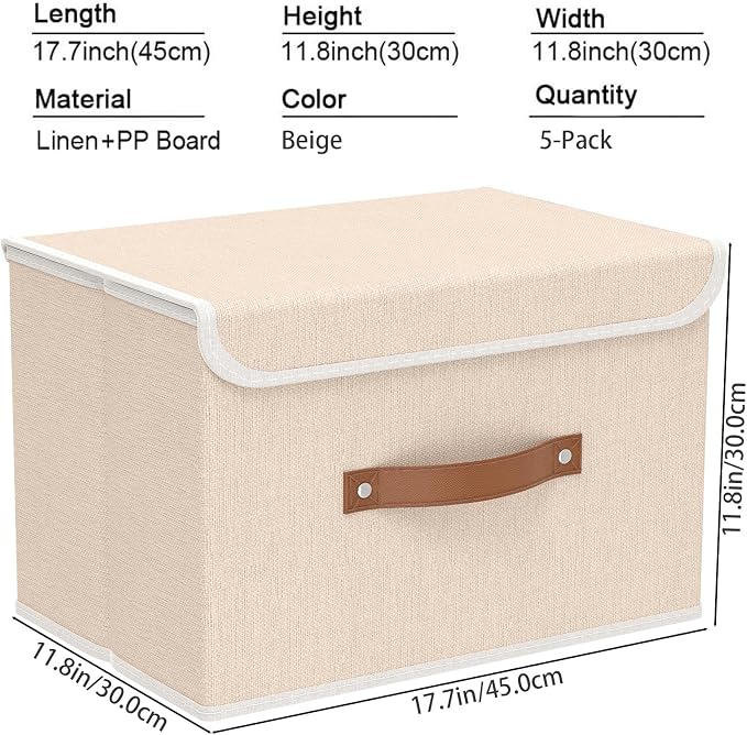 Yawinhe Storage Bins with Lids,Beige,17.7x11.8x11.8in,5-Pack | Fabric Container with Leather Handle,Washable Home Basket, Clothes Blanket Storage Boxes,Collapsible Closet Organizer