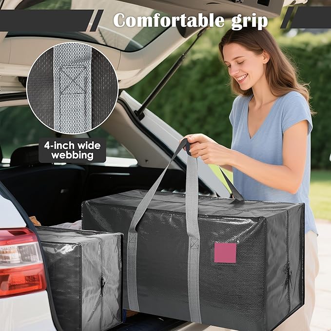 12 Pack Moving Bags with Full-Open Side Zipper, Extra Large 93L Heavy Duty Waterproof Foldable Storage Totes for College Dorm, Moving & Home Organization Gray