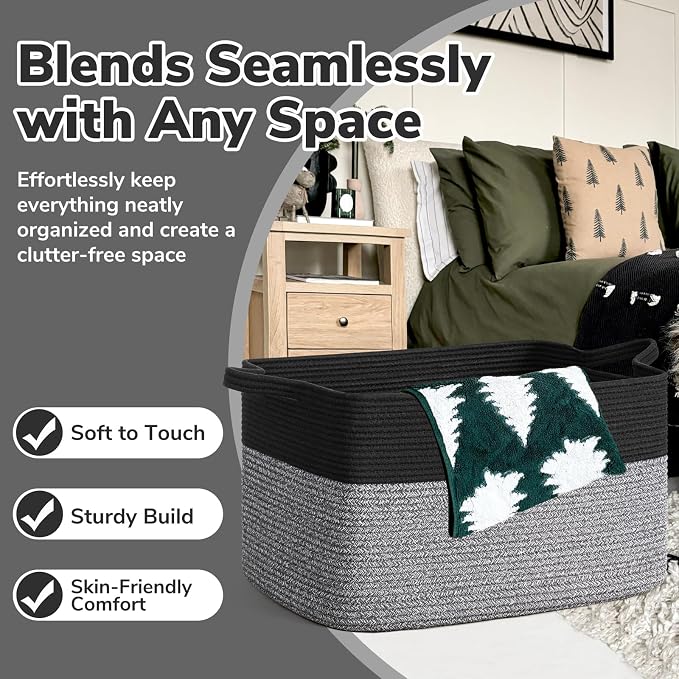 Goodpick Large Woven Blanket Basket, Rectangle Toy Organizer, Black & Gray | 21.6 x 14.9 x 11.8 in, Reinforced Handles, Toys, Blankets & Nursery Essentials Storage, Living Room & Bedroom Organization