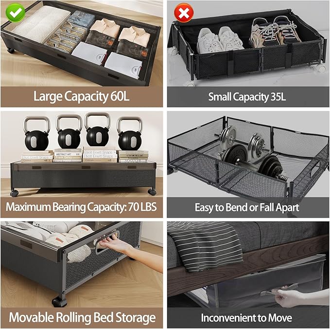 KITHELP Under Bed Storage Containers with Wheels, Underbed Shoe Storage Organizer with Removable Lids, Large Rolling Under Bed Storage Dresser Drawers for Clothes Toys Shoes Blankets