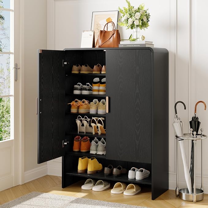 6-Tier Shoe Storage Cabinet, 45'' Large Farmhouse Shoe Cabinet for Entryway, Modern Wooden Shoe Organizer Cabinets with Doors and Shelves, for Front Door Hallway (Black)