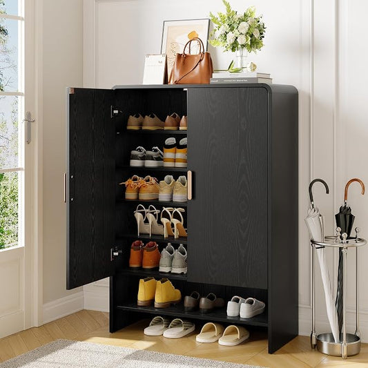 6-Tier Shoe Storage Cabinet, 45'' Large Farmhouse Shoe Cabinet for Entryway, Modern Wooden Shoe Organizer Cabinets with Doors and Shelves, for Front Door Hallway (Black)
