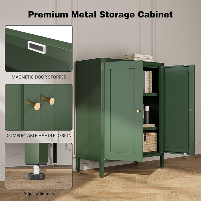 Bevivog Small Bathroom Storage Cabinet, Green Metal Locker Cabinet with 2 Doors and 2 Adjustable Shelves, Metal Floor Cabinets Sideboard for Home Office, Living Room, Hallway, Entryway