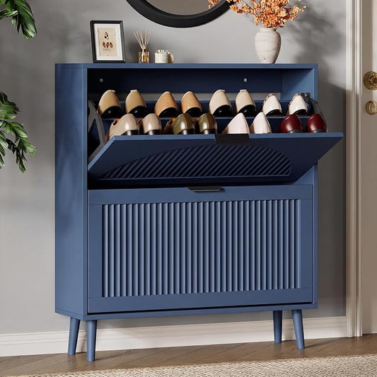 Xixini Shoe Storage Cabinet with 2 Flip Drawers, 36" Tall Narrow Wood Fluted Shoe Organizer for Entryway, Freestanding Wooden Hidden Slim Shoe Rack for Front Door Entrance, Hallway, Foyer, Navy Blue