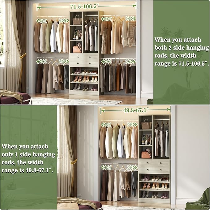 Besiost Closet System, 4.2–8.8 FT Closet Organizer with 2 Wooden Drawers and Shelves, Walk-in Closet System with 5 Hang Rods, Built-in Reach in Closet Tower, Can Fit 60 to 96 inch, Greige Oak