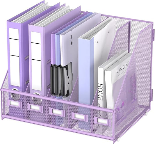 DALTACK 5-Slot Magazine File Holder, Metal Binder Holder, Purple | Iron Mesh Construction, Labeled Sections for Easy Sorting, Anti-Slip Feet, Binder and Folder Storage for Office, Classroom