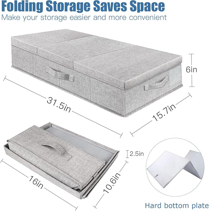 Supowin 2Pack Large Underbed Storage Containers Bin with Lids, Gray | 6 Inches Tall Under Bed Storage Organizer Box with Handles, Foldable Closet Organizer for Clothes, Blankets, Seasonal Items