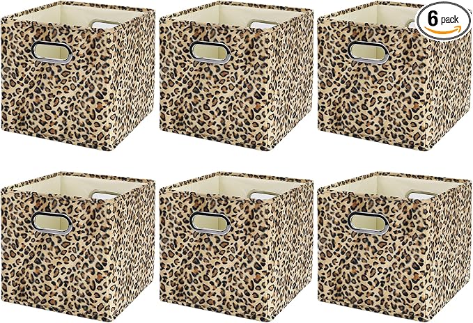 ANMINY Leopard Cheetah Print Storage Cubes Bins, Velvet, Brown, 11Inch 6PCS | Collapsible & Washable, PP Board Frame, Built-in Metal Handles, Animal Themed Fabric Cubes Baskets for Closet Shelves Decor