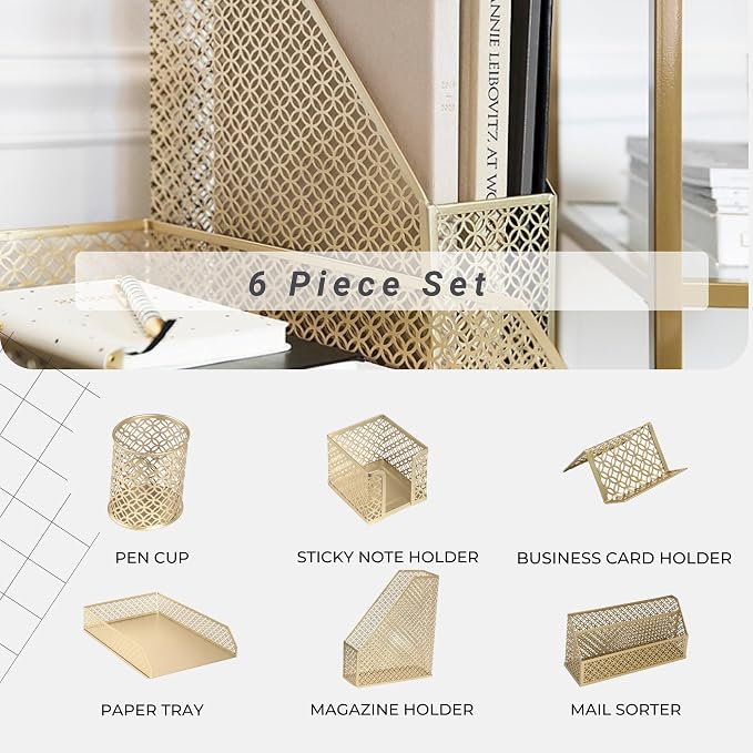 BLU MONACO | Gold Desk Organizer Set with Mail Sorter, Sticky Note Holder, Pen Cup, Magazine Holder, Letter Tray & Business Card Holder | Stylish Desk Accessories for Women & Home Office Décor