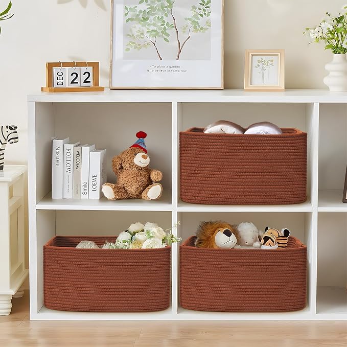 3 Pack Large Storage Basket for Organizing, 17.5"x13"x7" Woven Basket for Shelves, Closet Cube Storage Bins with Wrapped Handle, Cotton Rope Baskets for Kitchen, Clothes, Toys(Oxide Red)
