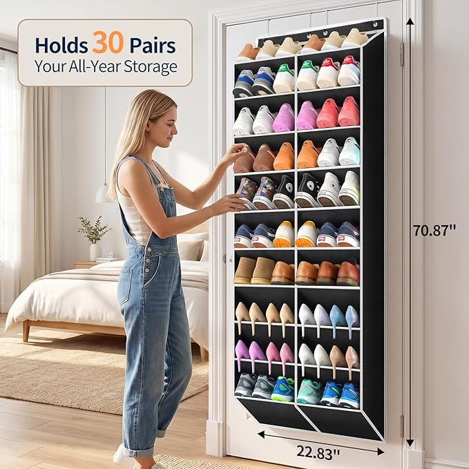 Yecaye 30 Pairs Over the Door Shoe Organizer, Large Capacity Hanging Shoe Rack for Door Hanger with Deep Pockets, Heavy Duty 10 Tier Shoe Holder for Sneakers Boots Heels College Dorm Essentials, Black