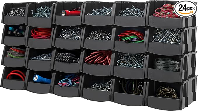 IRIS USA 24-Pack, Extra Small Stackable Storage Bins, Black | Organize small parts, hardware, craft supplies, pantry items, and household essentials with open-front access, stackable bins