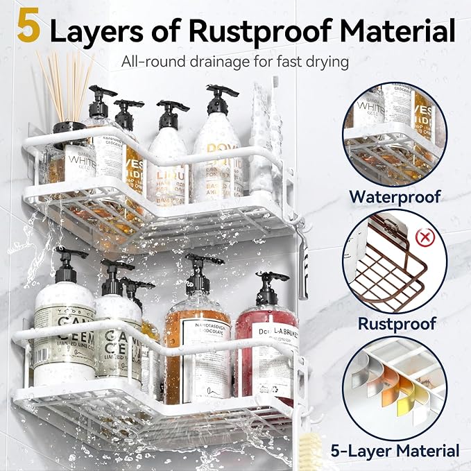 YASONIC Corner Shower Caddy Adhesive, 100% Rustproof Shower Organizer with Soap Holder, No Drill Shower Shelf for Inside Shower, Wall-Mounted Shower Storage for Homes (3 Pack, White)