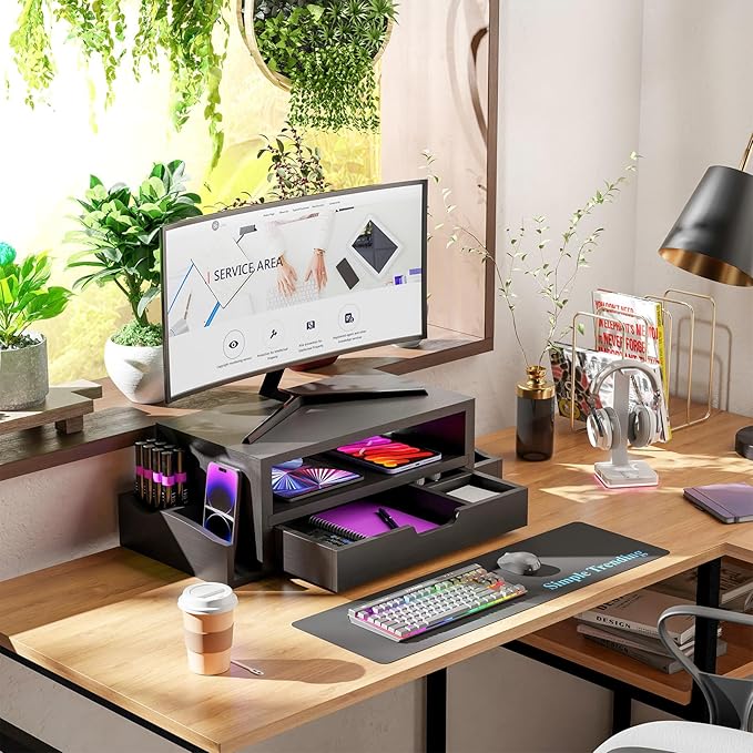 Simple Trending Wood Monitor Stand Riser, Desktop Oraganizer, Black | Desk Organizer and Accessories, Laptop & Printer Stand, Drawer & Pen Holder, for Home Office, 20.25"W x 9.25"D x 5.5"H