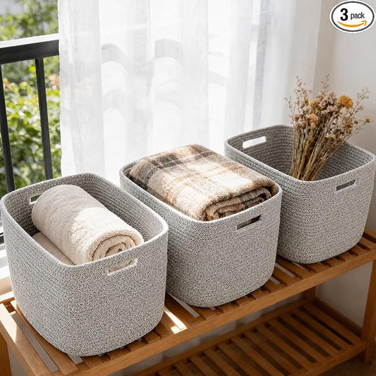 3 Pack Woven Baskets,Storage Baskets for Shelves with Handles | 13.5"×11"×9.5", Closet Baskets, Nursery Organizer for Toys Towels Books, Storage Bin for Living Room Bedroom (Mixed Grey)