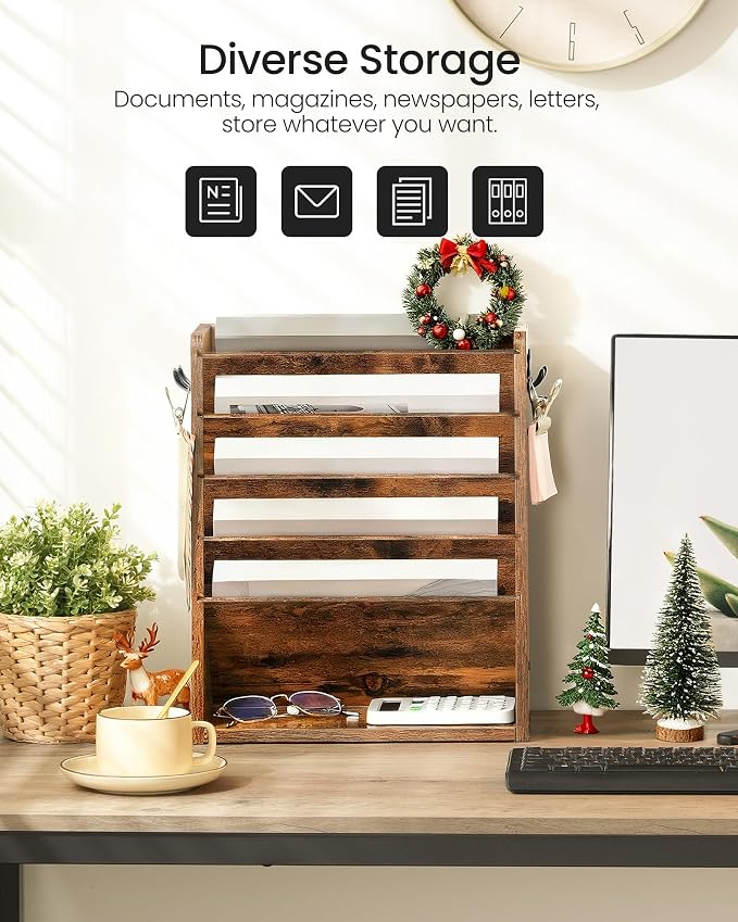 CHOEZON Wall File Organizer, 6-Tier Vertical Mount Hanging Holder with 2 Side Hooks, Vintage Wooden Magazine Storage Crate with Bottom Flat Tray, Desk Organizer, for Office, Home, Rustic Brown MWJ01FG