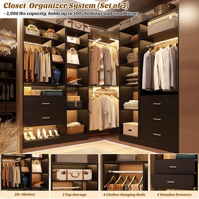 Besiost Corner Closet System with 5 Drawers, Closet Organizer System with 15+Shelvess & 4 Hanging Rods, 63.2"L * 63.2"W / 87.2"L * 39.2"W Reversible L Shaped Walk-in Closets, Load 2500+LBS, Black