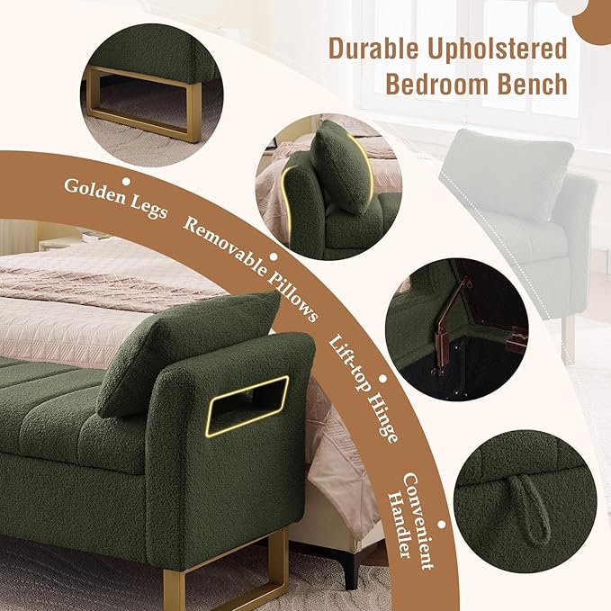 52" Storage Bench for Bedroom Upholstered End of Bed Bench Queen Size Green | Bedroom Benches for Foot of Bed Queen with Gold Legs,2 Pillows,Teddy Storage Ottoman Bench for Bedroom,Entryway,Cloakroom