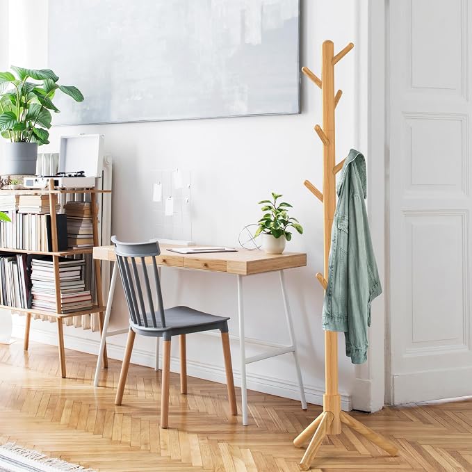 Simple Houseware Wooden Coat Rack Stand, Hall Tree with 9 Hooks, Oak | Adjustable Tree Rack for Entryway, Hallway, Bedroom, Office