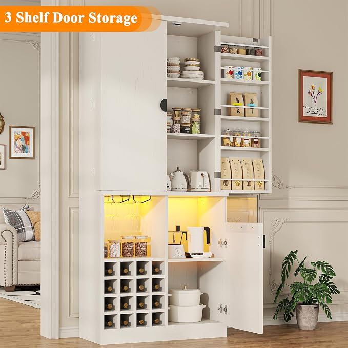 kepptory 72" Tall Kitchen Pantry Storage Cabinet, Freestanding Bar Cabinet with RGB LED Light, White Kitchen Buffet Sideboard with Doors for Dining Room Living Room