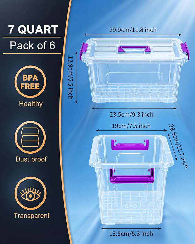 7Qt Storage Bins with Lids,6-Pack Clear Stackable Storage Containers With Lids Buckle Latches.Perfect for LEGO, Crafts, Office Supplies, and Dorm Room Organization,(Clear)
