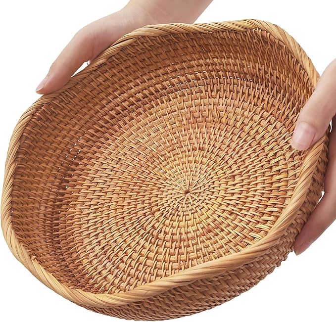 10" Medium Rattan Wicker Bread Basket, Fruit Basket for Kitchen Counter | Artisanal Natural Food Baskets, Well-Made Sturdy Bread Baskets for Serving, Versatile for Fruit, Veggies, Snack & More (Wave)