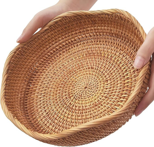 10" Medium Rattan Wicker Bread Basket, Fruit Basket for Kitchen Counter | Artisanal Natural Food Baskets, Well-Made Sturdy Bread Baskets for Serving, Versatile for Fruit, Veggies, Snack & More (Wave)