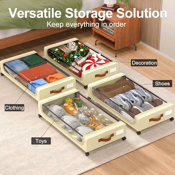 GoMaihe Under Bed Storage with Wheels 48L Beige 2-Pack | Underbed Storage Containers with Lids Rolling Bins for Shoes Clothes in Dorm Bedroom - Metal Drawers Easy Pull-out