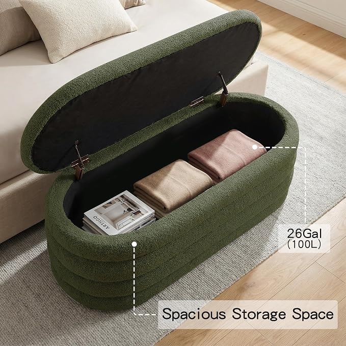 Storage Ottoman Bench, 45'' Upholstered Boucle Ottoman with Storage, Aesthetic End of Bed Bench for Bedroom Living Room Entryway, Green