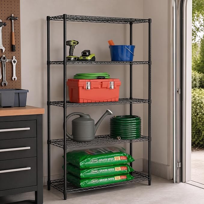 Honey-Can-Do 5-Tier Steel Shelving Unit, 800 lb/Shelf, Black, 42x18x72 in | Holds 4,000 lb total across 5 adjustable steel shelves; tool-free build in 25 min; leveling feet for uneven floors
