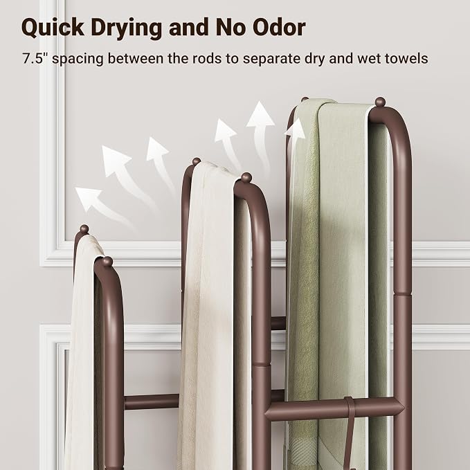 ELYKEN 40" H Freestanding Towel Rack with Shelf, 3 Tier Towel Stand, Bronze | Metal Drying Rack for Oversized Bath Towels & Blankets, 4 Hooks, Indoor & Outdoor Use, Fits Bathroom, Tub, Shower, Poolside