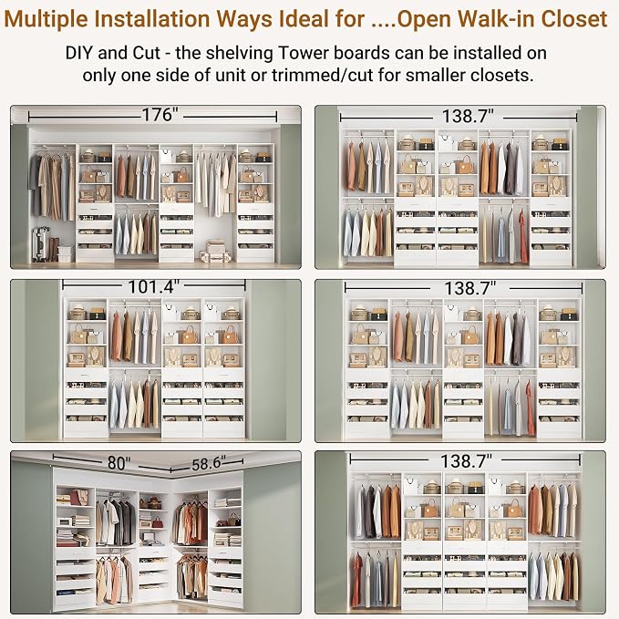 Aheaplus Closet System Set of 3, 138.5" Wood Closet Organizer System Tower with 12 Drawers & 4 Hanging Rods, 6.7+4.85Ft L Shaped Walk-in Closets Wardrobe Organizer Garment Rack with Shelves, White3