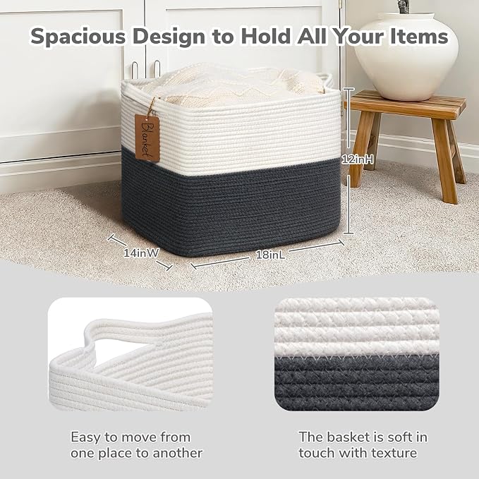 Goodpick Large Cotton Rope Baby Laundry Basket, Dark Gray | 50L, 18 × 14 × 12 in, Reinforced Handles, Blankets & Toys Essentials Storage, Living Room & Nursery Organization