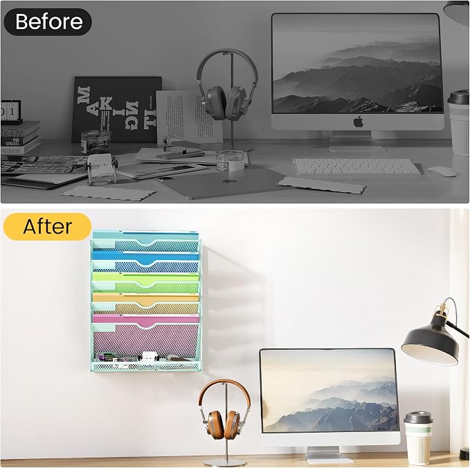 Hanging Wall File Organizer, 6-Tier Desk Organizer with Metal Mesh | Foldable Document Organizer for Office Desk, Wall Mount Magazine Rack for Mail/Books/Tablet, Mint Green