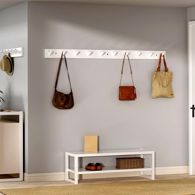 SKOLOO Wood Coat Rack Wall Mounted,10 Peg Long Bamboo Hook for Hanging Backpack Coat Towel Hat,16'' Hole to Hole,Pack of 2,White