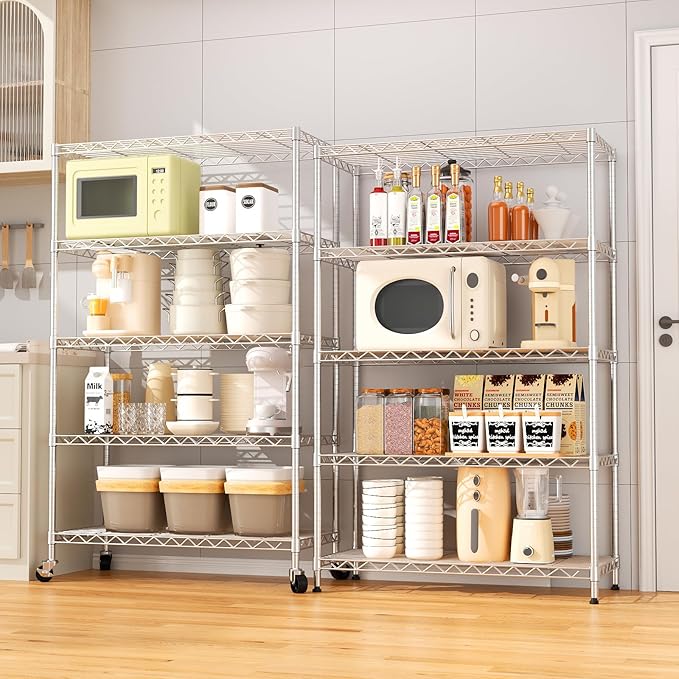 5 Tier Shelving Unit,Wire Shelving with Lockable Wheels,Chrome | 30"Wx14"Dx62"H,Metal Shelf Rack,Height Adjustable Wire Rack Storage Shelving Stand for Kitchen,PantryGarage,Office,Laundry