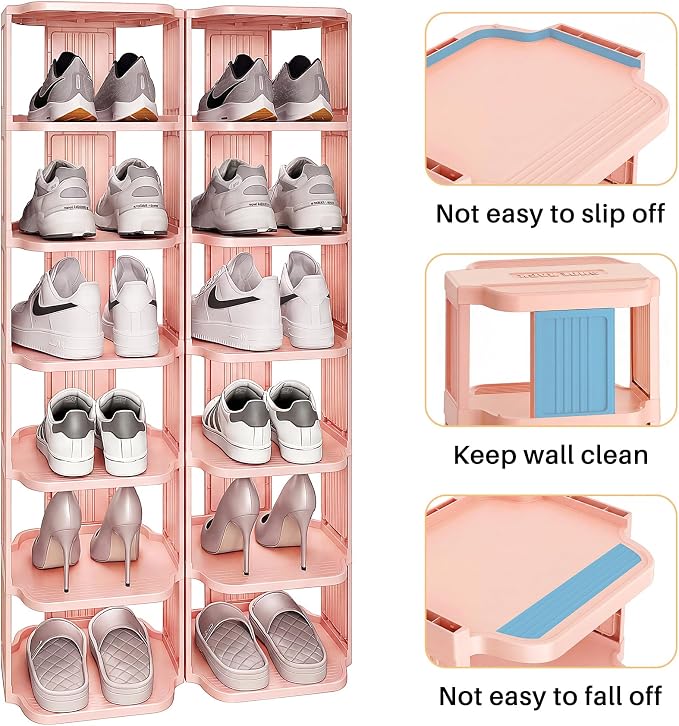 Kitstorack 10-Tier Vertical Plastic Shoe Rack, Freestanding Stackable Shoe Storage Organizer Cubes Shoe Shelf Tower or Small Closets and Tight Spaces, Pink